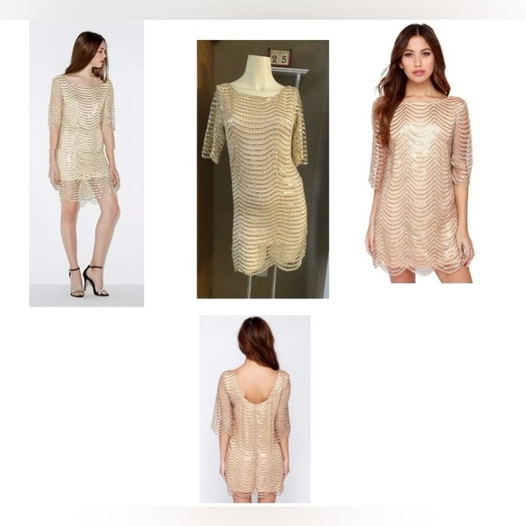 HAODUOYI Gold Sequin Beaded Open Back Short Sleeve Tunic Mini Dress - Picture 1 of 15